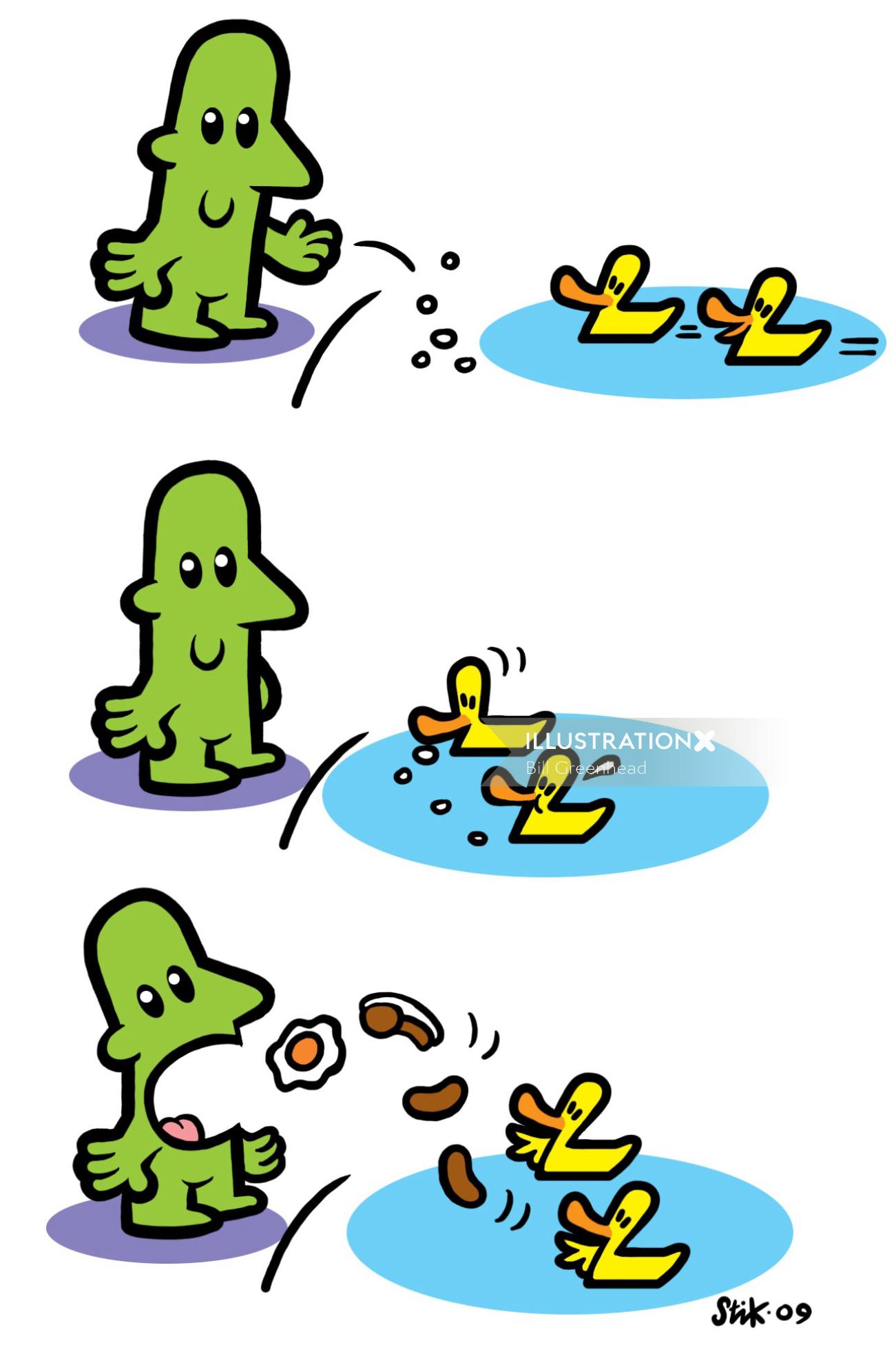 Graphic illustration of Ducks feed man 