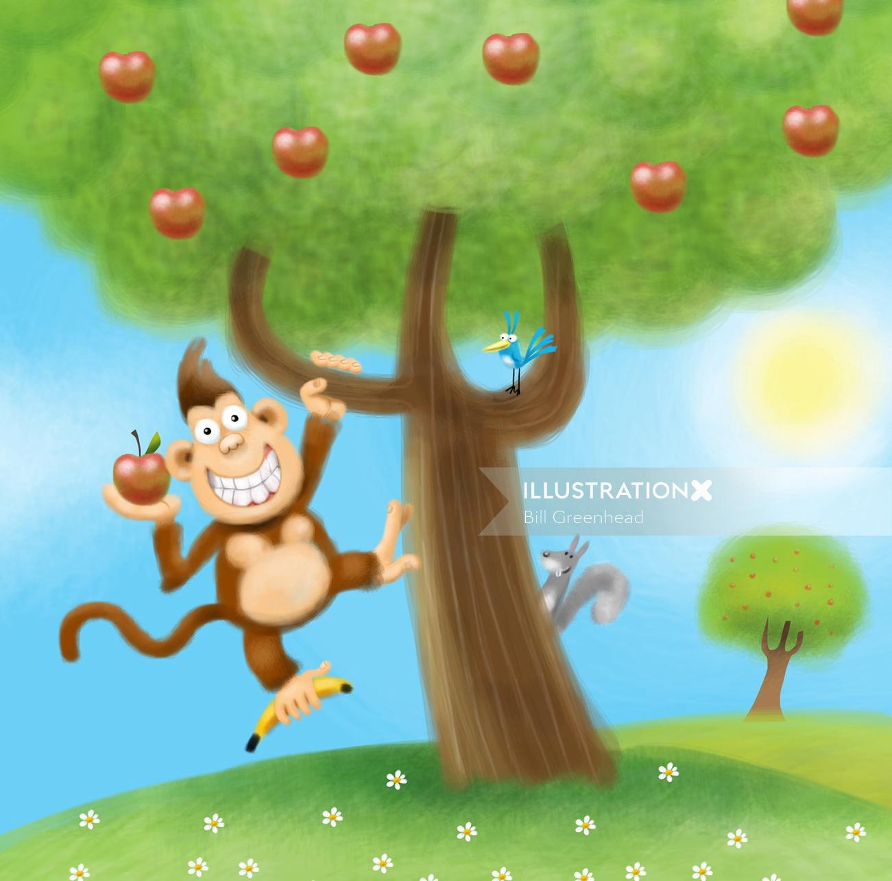 Graphic illustration of monkey wants an apple

