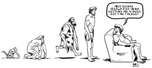 Man's Evolution to Couch line and ink made illustration
