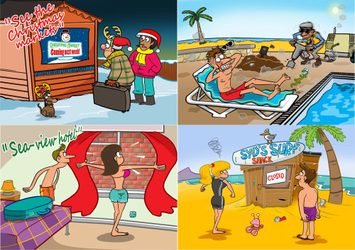 ilustração em quadrinhos de cartão postal para viagens de férias