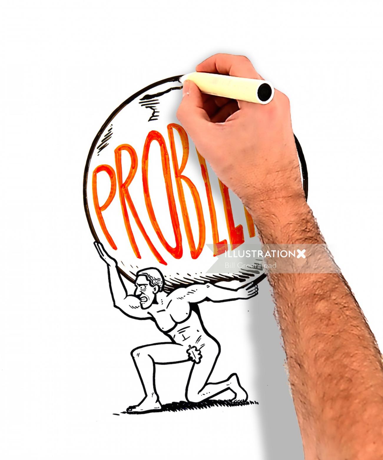 Problem concept- Man holiding huge stone Live drawing illustration by Bill Greenhead