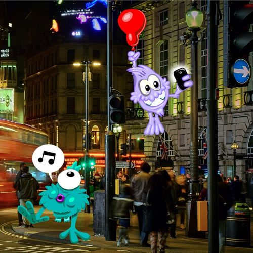 cartoon art London night street scene with Monsters
