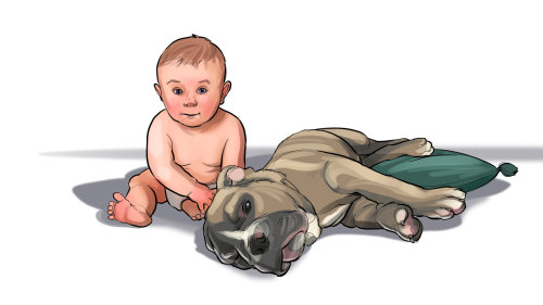 Children's illustration of cute baby with pet dog