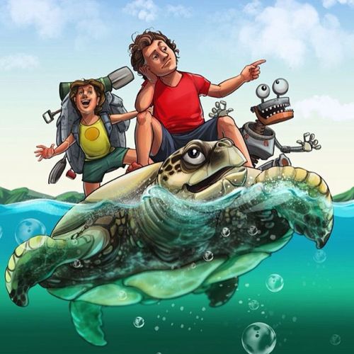 Illustration of kids travelling on a Tortoise