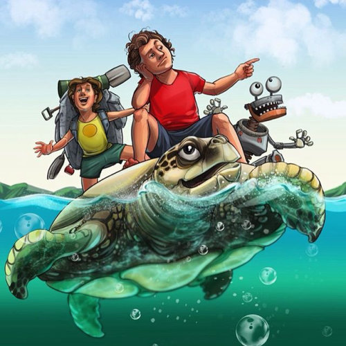 Ilustração de crianças viajando em uma tartaruga