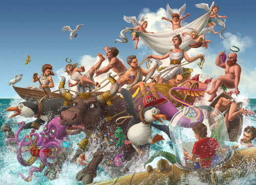 Ilustração de criaturas do mar e pessoas viajando em barco