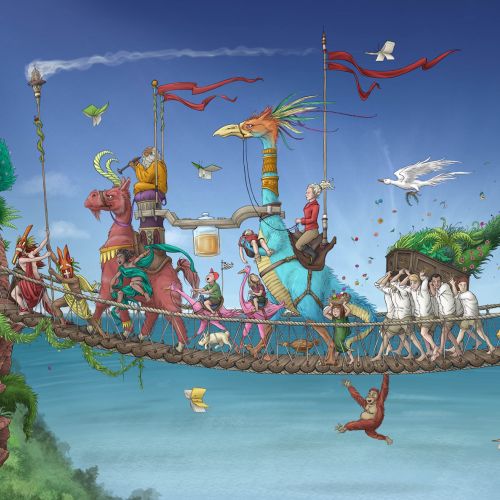 Illustration of people & animals crossing rope bridge
