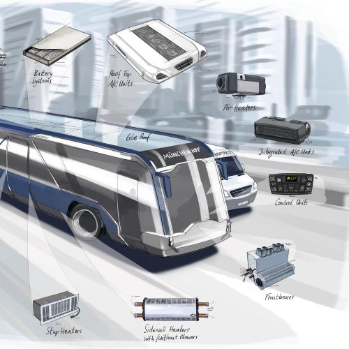 Futuristic bus design concept with labeled parts by Björn von Schlippe