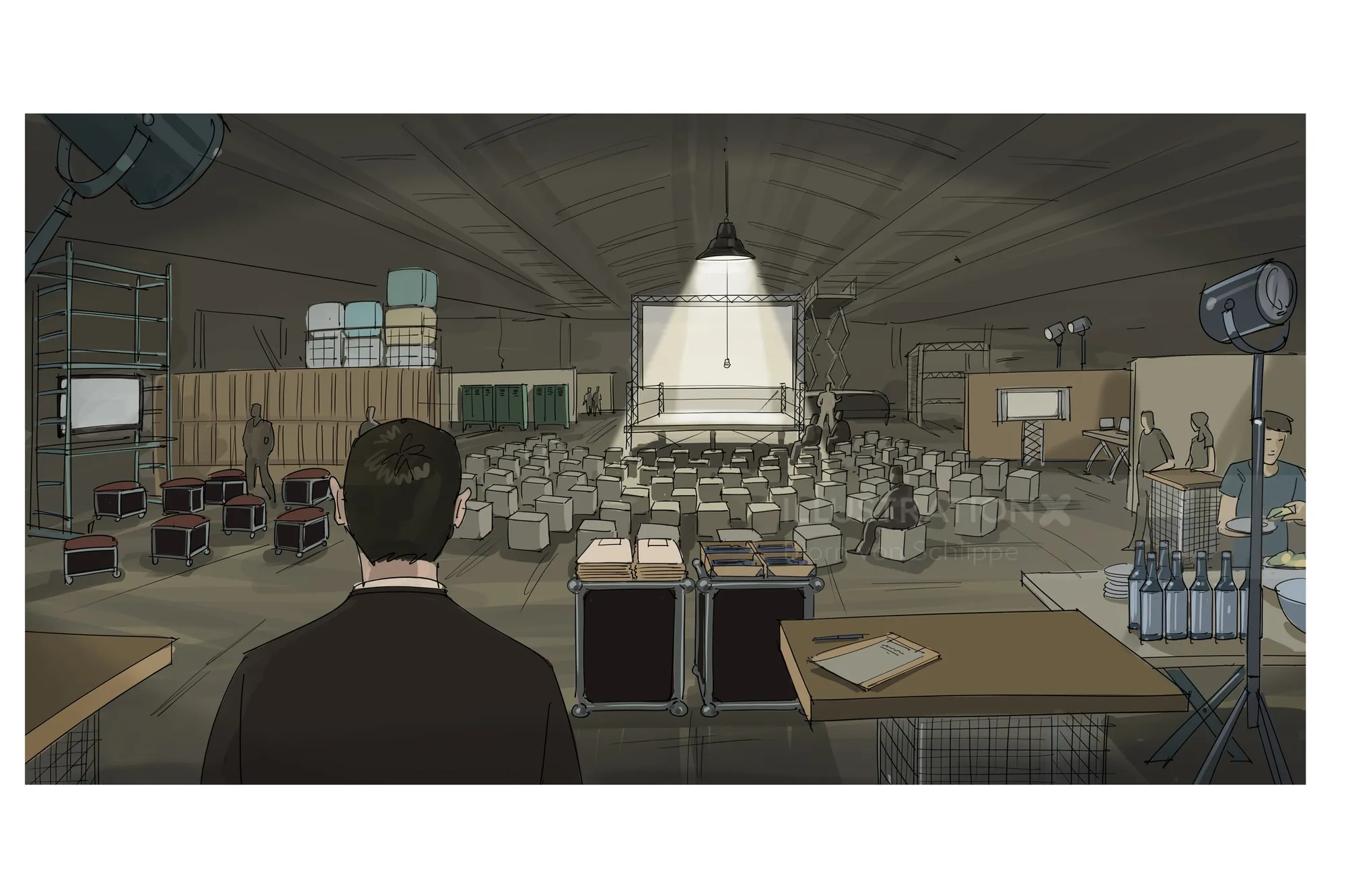 Man in film studio observing empty seats and film equipment by Björn von Schlippe