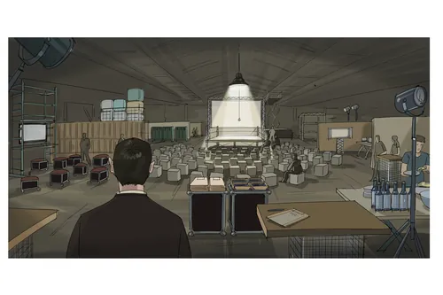 Man in film studio observing empty seats and film equipment by Björn von Schlippe