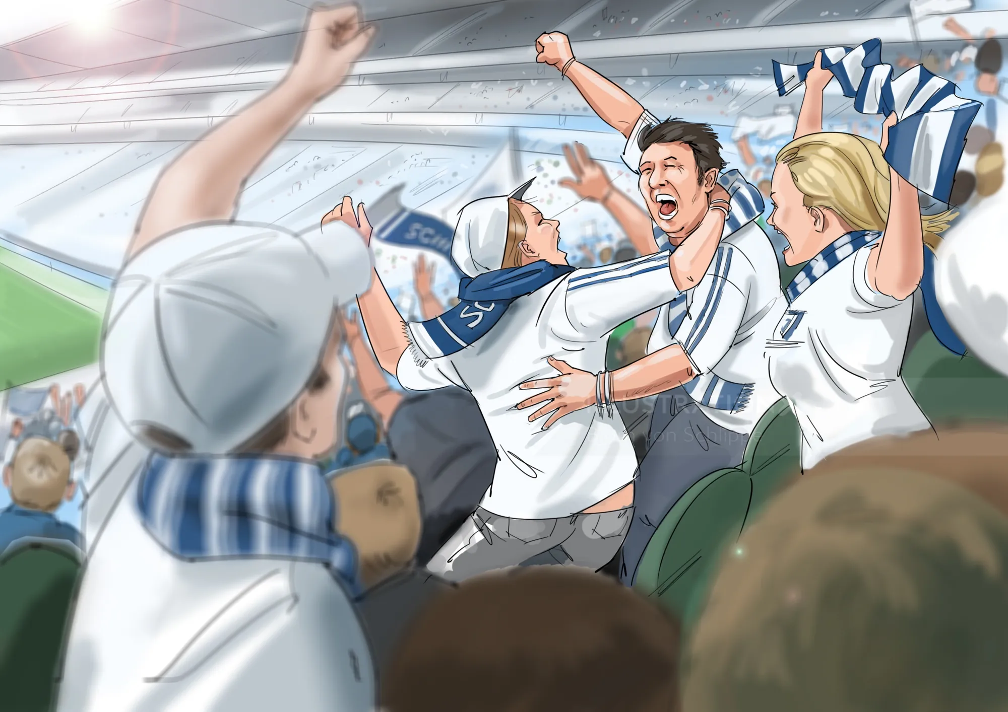 Excited sports fans cheering in stadium by Björn von Schlippe
