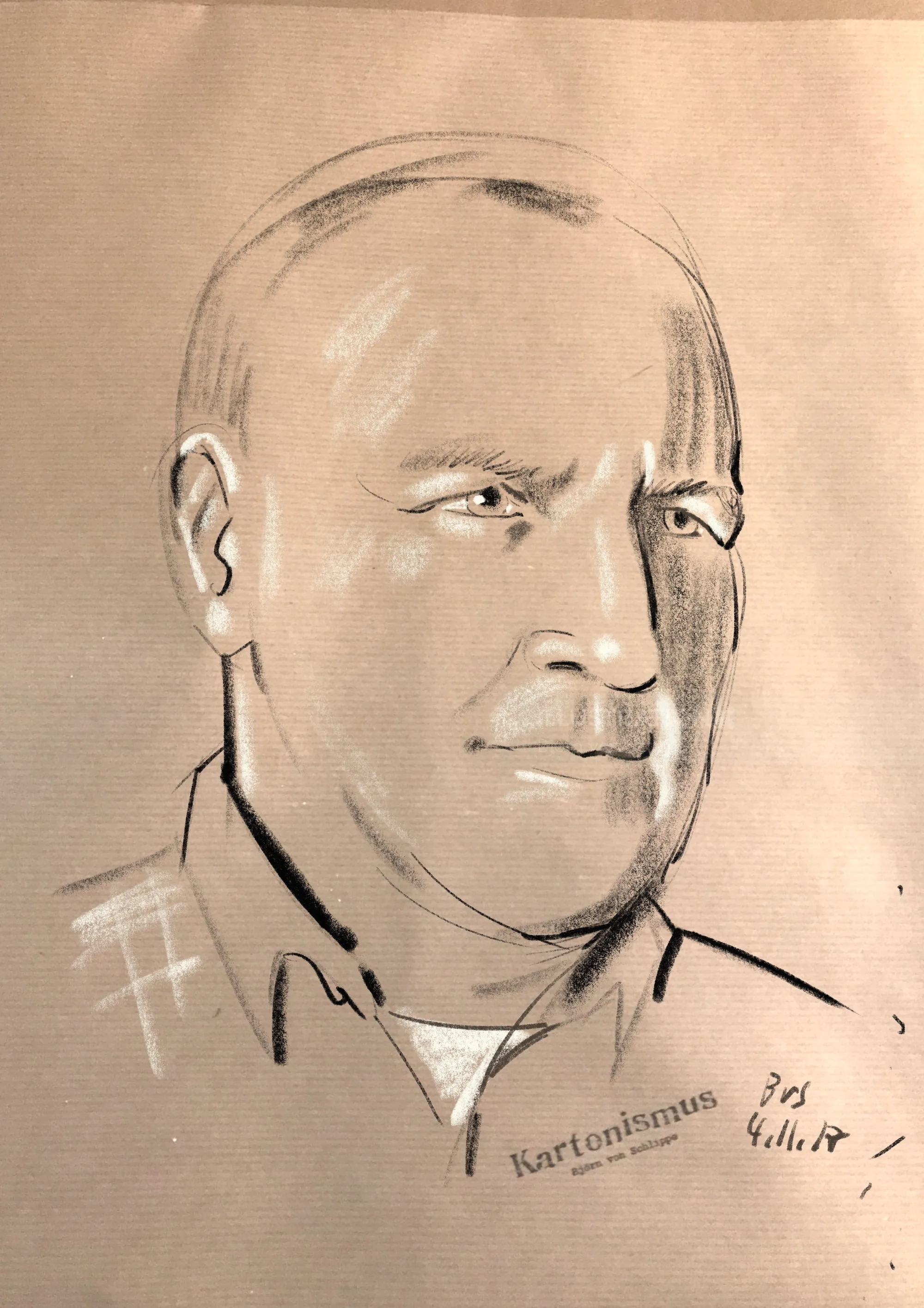 Charcoal portrait of a bald man by Björn von Schlippe