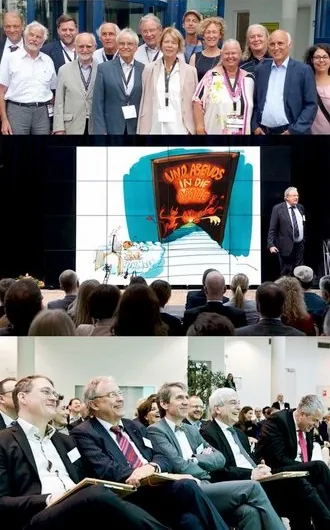 Conference group photo, presentation with artwork, and seated audience by Björn von Schlippe