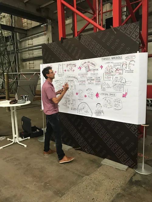 Man drawing diagrams on whiteboard in industrial setting by Björn von Schlippe
