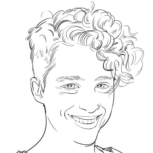 Line drawing of a smiling man with curly hair by Björn von Schlippe