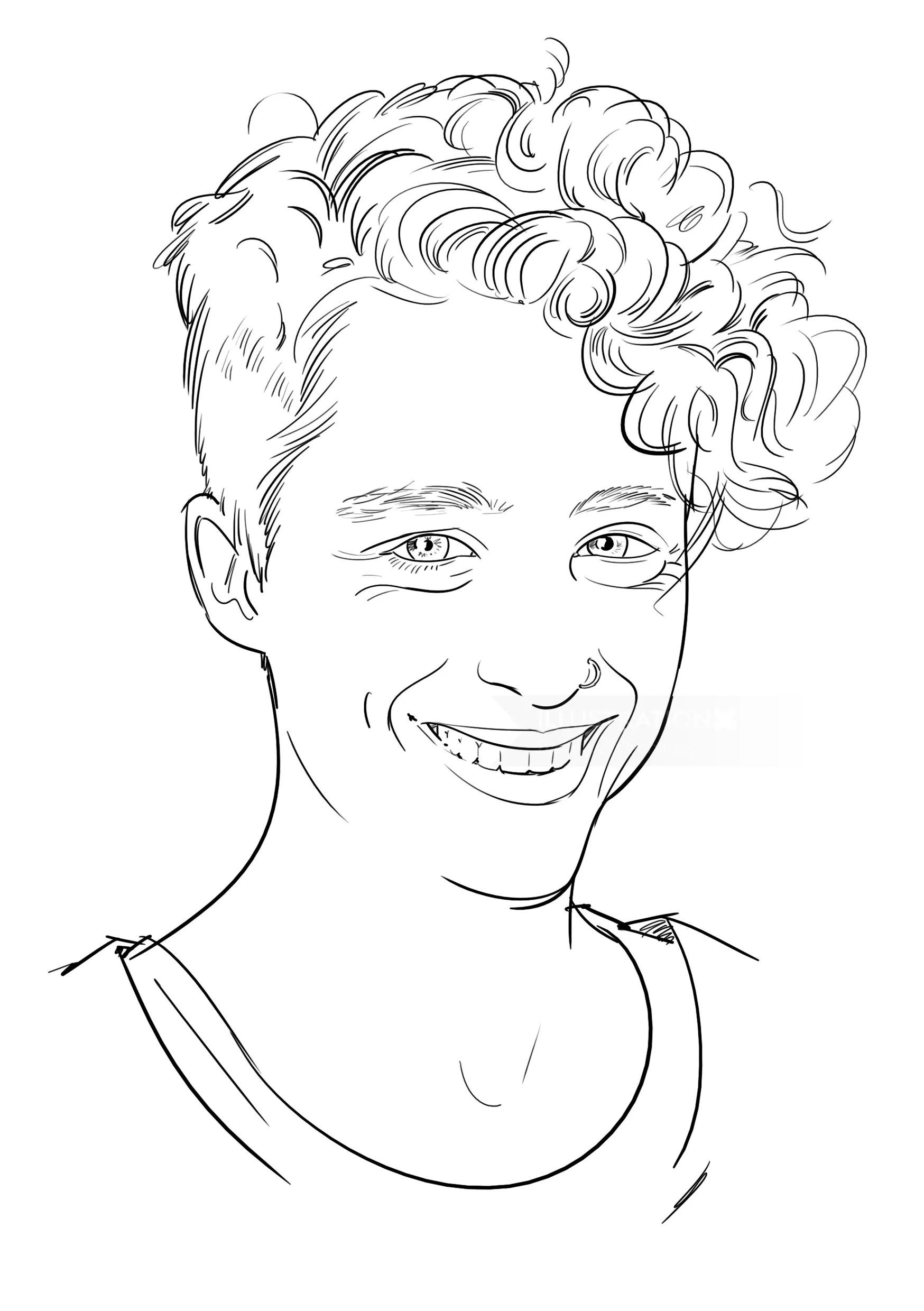 Line drawing of a smiling man with curly hair by Björn von Schlippe