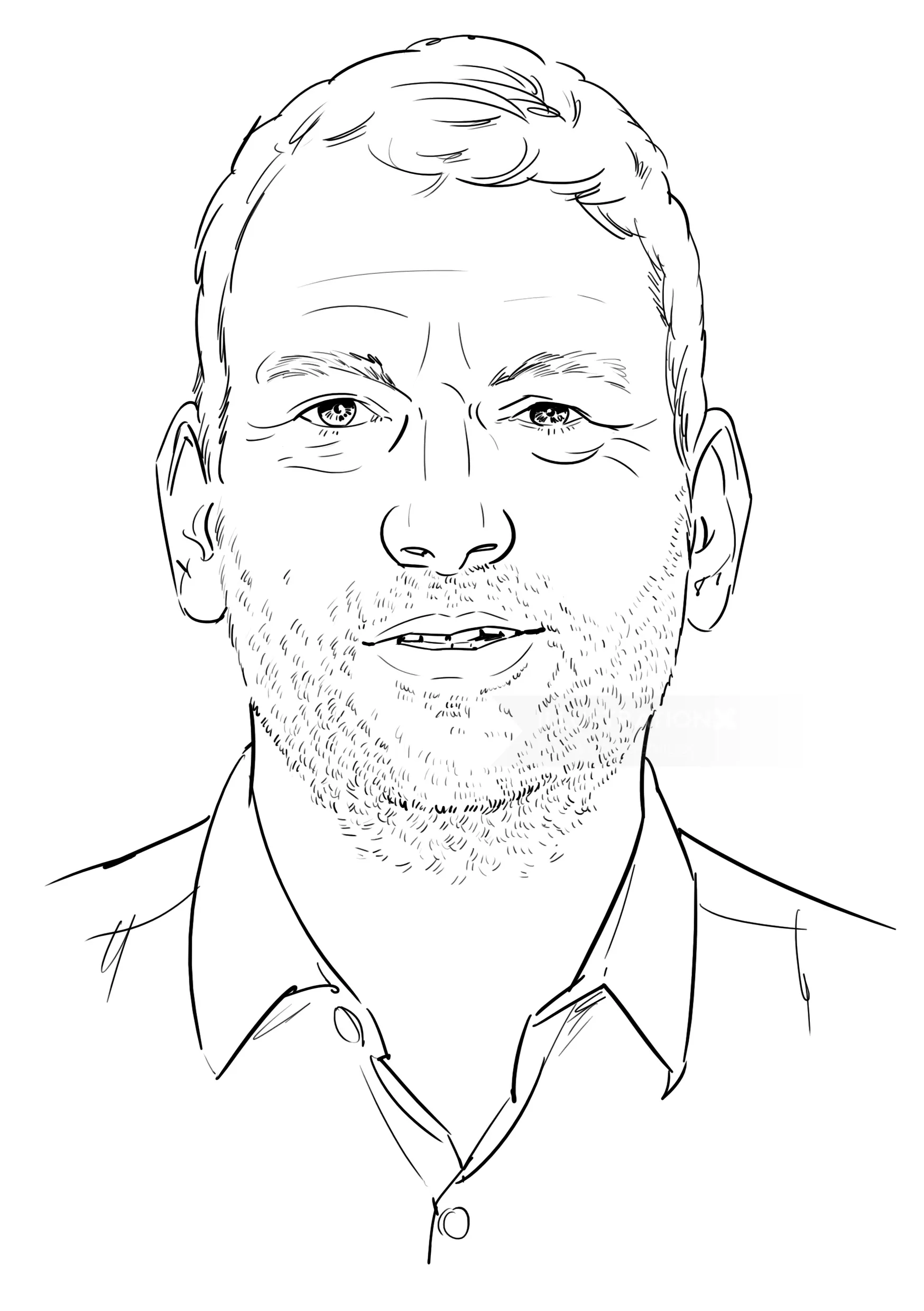 Black and white line portrait of a man with short hair and stubble by Björn von Schlippe