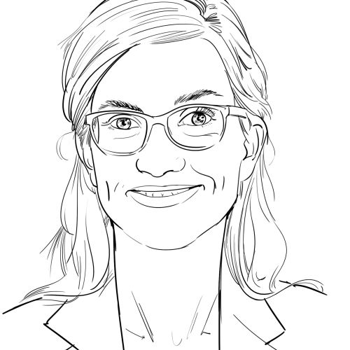 Black and white line art portrait of woman with glasses by Björn von Schlippe