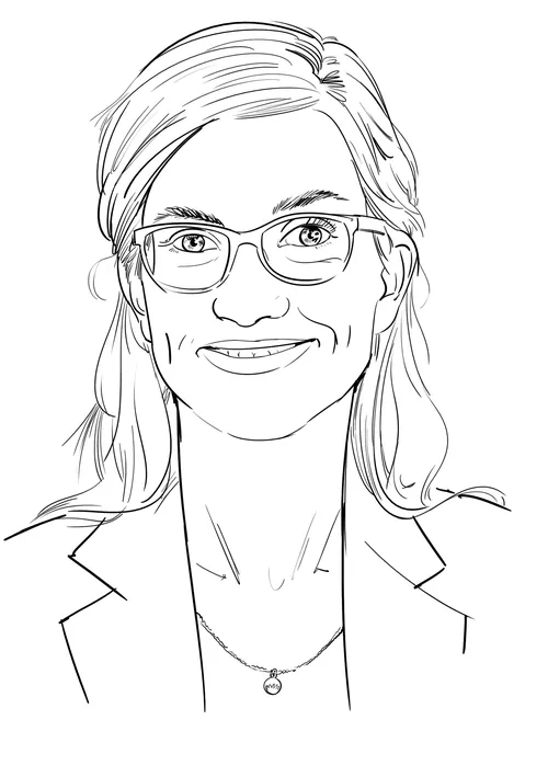 Black and white line art portrait of woman with glasses by Björn von Schlippe