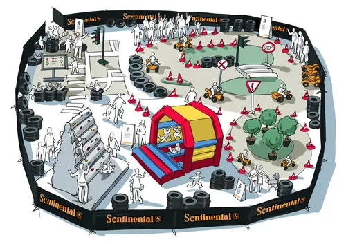 Intricate obstacle course with cones and figures by artist Björn von Schlippe