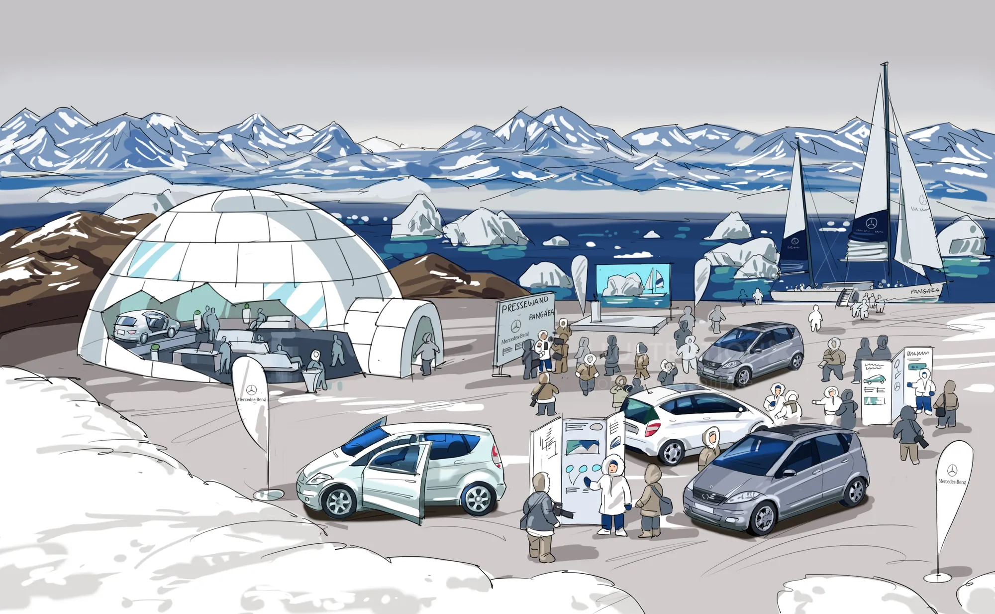 Polar research camp with vehicles and people in snowy Arctic by Björn von Schlippe