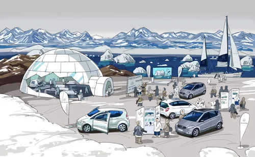 Polar research camp with vehicles and people in snowy Arctic by Björn von Schlippe
