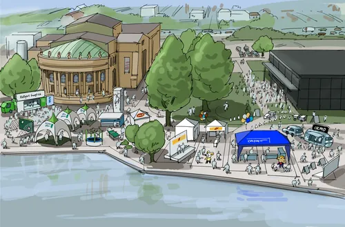 Outdoor event by waterfront with tents and crowd, artwork by Björn von Schlippe