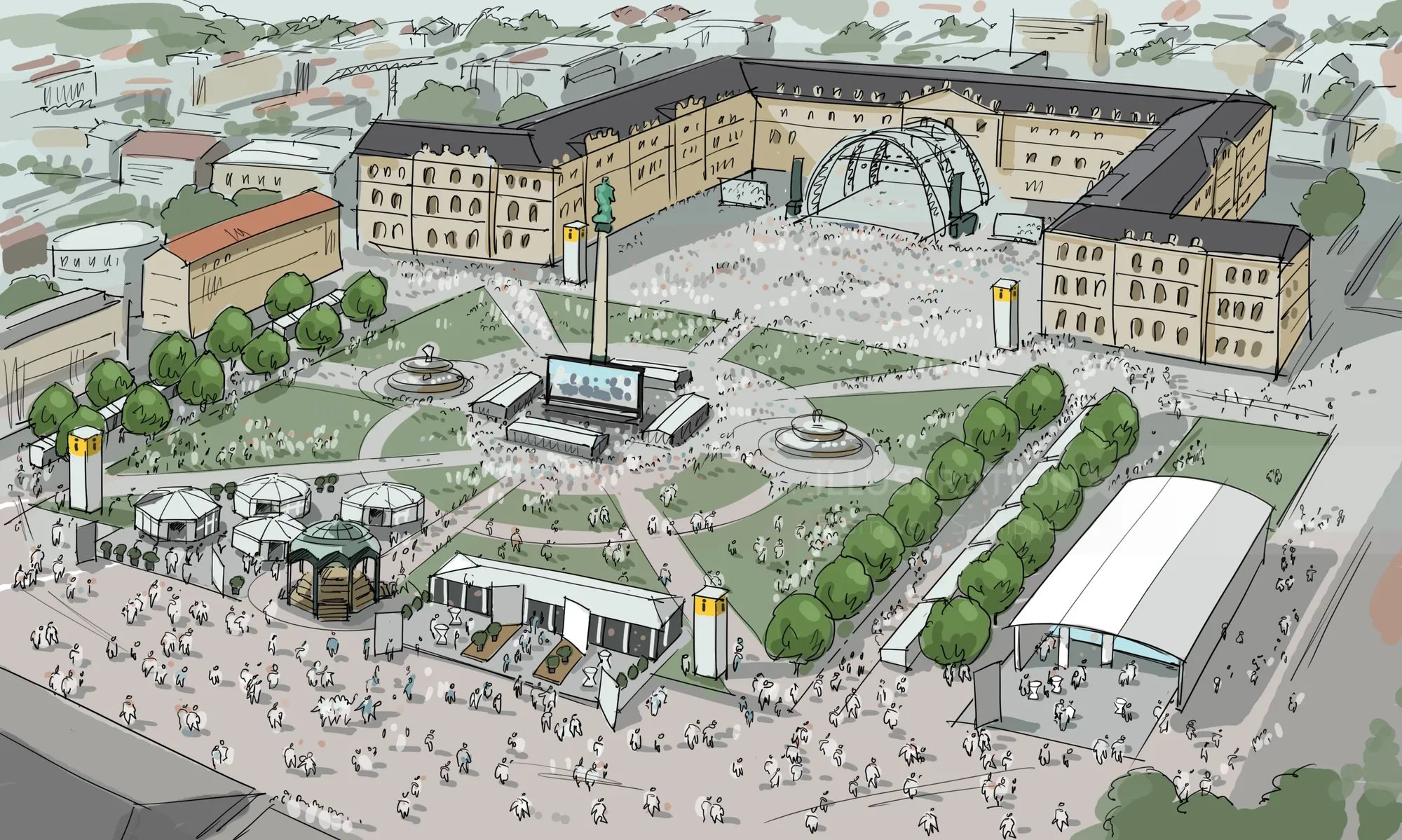 Illustration of a public square with crowds, tents, and stages by Björn von Schlippe
