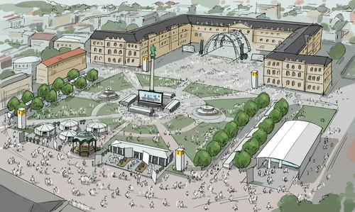 Illustration of a public square with crowds, tents, and stages by Björn von Schlippe