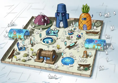 Model of Bikini Bottom from SpongeBob with pineapple house and other buildings by Björn von Schlipp
