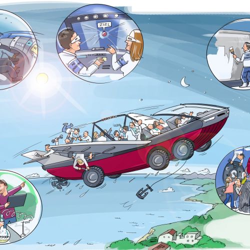 Amphibious car in action with people in various scenarios by Björn von Schlippe