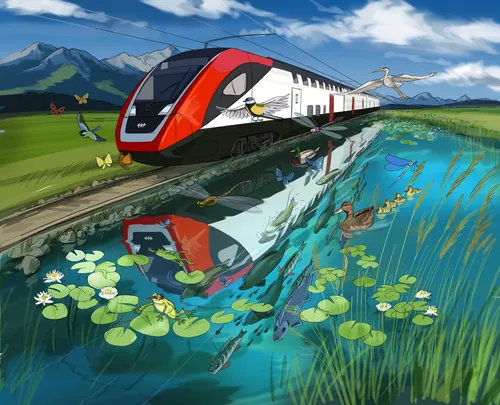 Train traveling by wetland with fish and birds, artwork by Björn von Schlippe