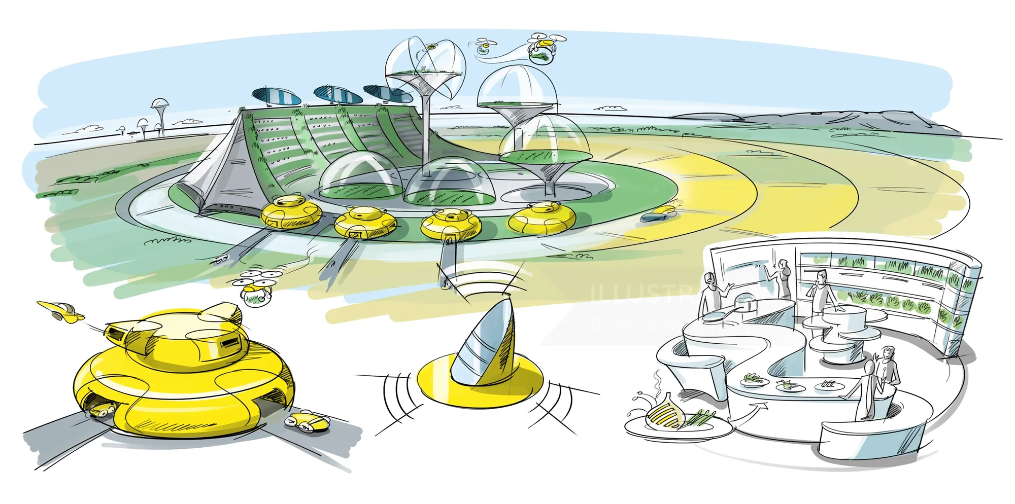 Futuristic renewable energy site with solar panels and wind turbines by Björn von Schlippe