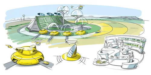 Futuristic renewable energy site with solar panels and wind turbines by Björn von Schlippe