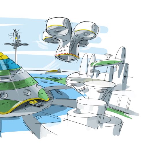 Futuristic cityscape with dome and towers by Björn von Schlippe