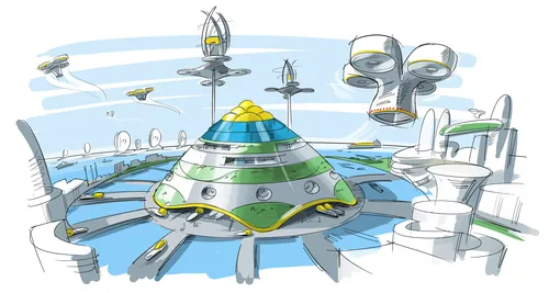 Futuristic cityscape with dome and towers by Björn von Schlippe