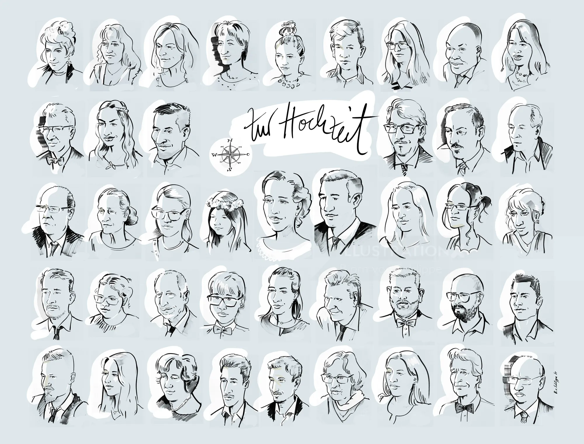 Black and white portrait sketches of multiple men and women by Björn von Schlippe