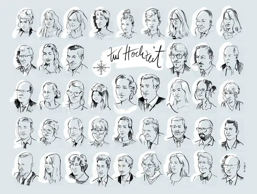 Black and white portrait sketches of multiple men and women by Björn von Schlippe