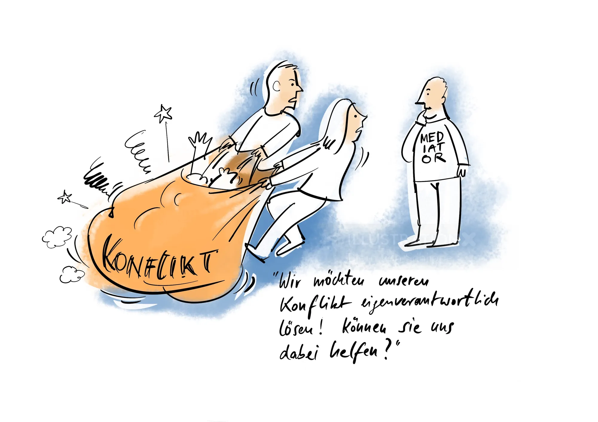 Two people carrying conflict sack asking mediator for help by Björn von Schlippe