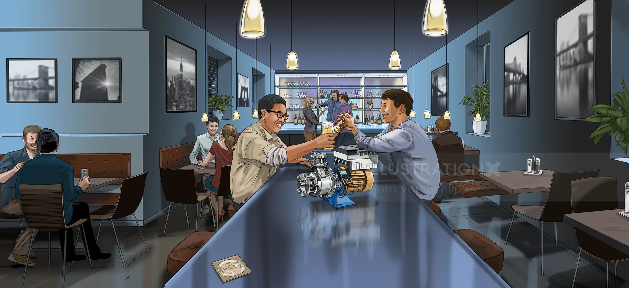 Two men toasting at a cafe bar by Björn von Schlippe