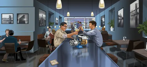 Two men toasting at a cafe bar by Björn von Schlippe