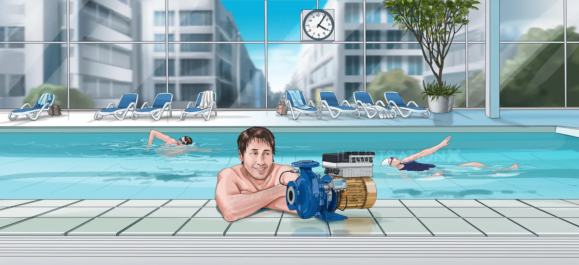 A man holding an underwater camera at poolside with swimmers in indoor pool by Björn von Schlippe