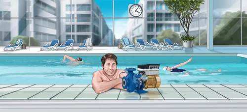A man holding an underwater camera at poolside with swimmers in indoor pool by Björn von Schlippe