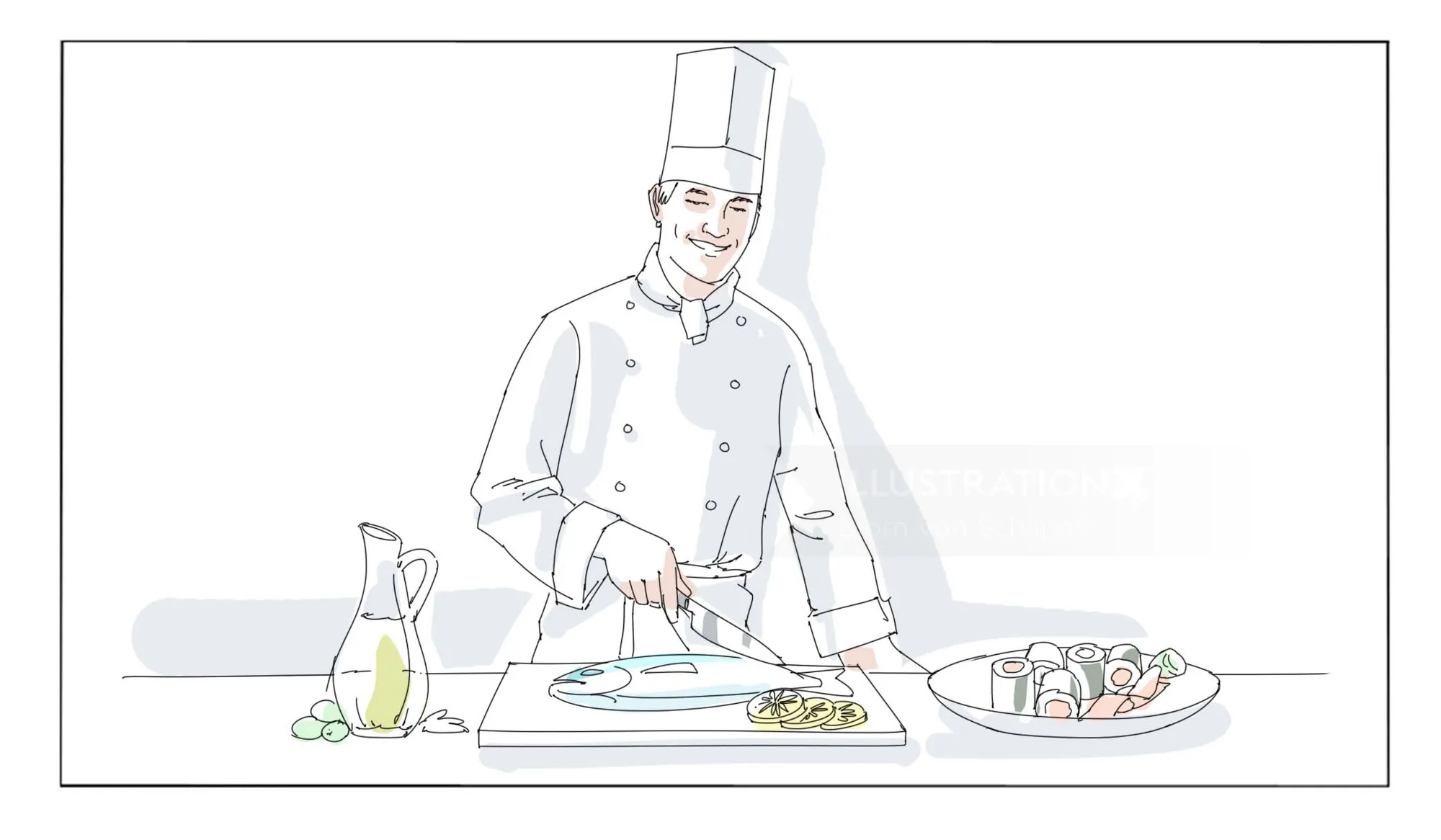Chef slicing food on cutting board with dishes and ingredients by Björn von Schlippe