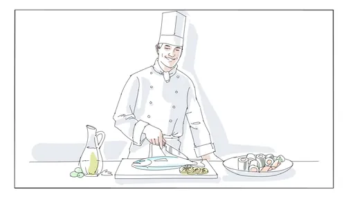 Chef slicing food on cutting board with dishes and ingredients by Björn von Schlippe