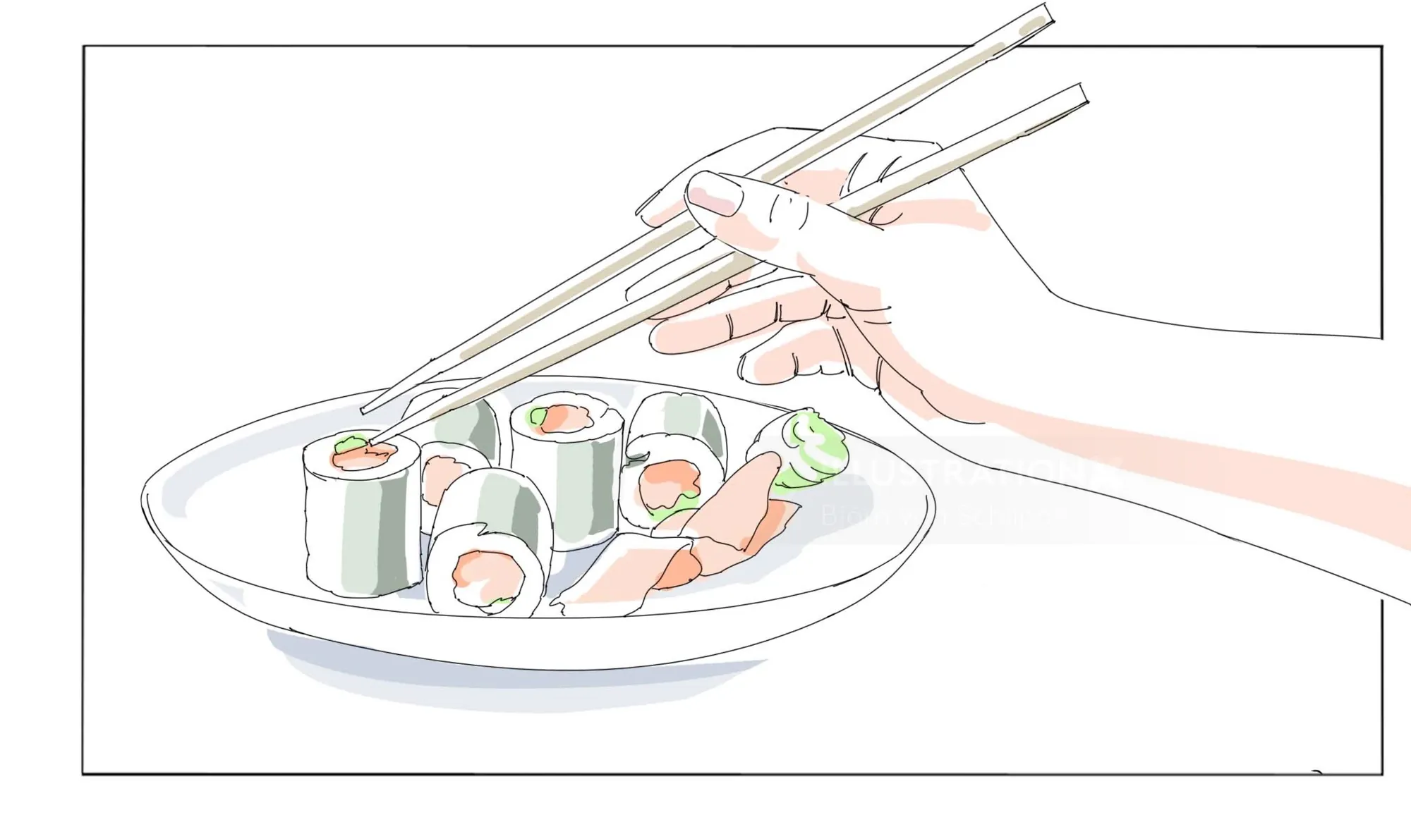 Hand using chopsticks to pick sushi from plate by Björn von Schlippe