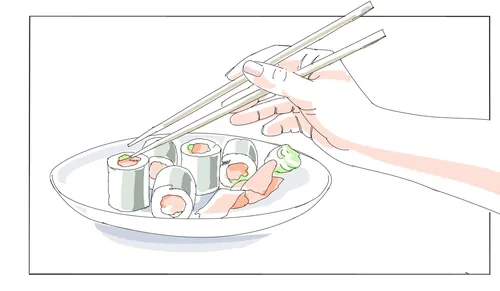 Hand using chopsticks to pick sushi from plate by Björn von Schlippe