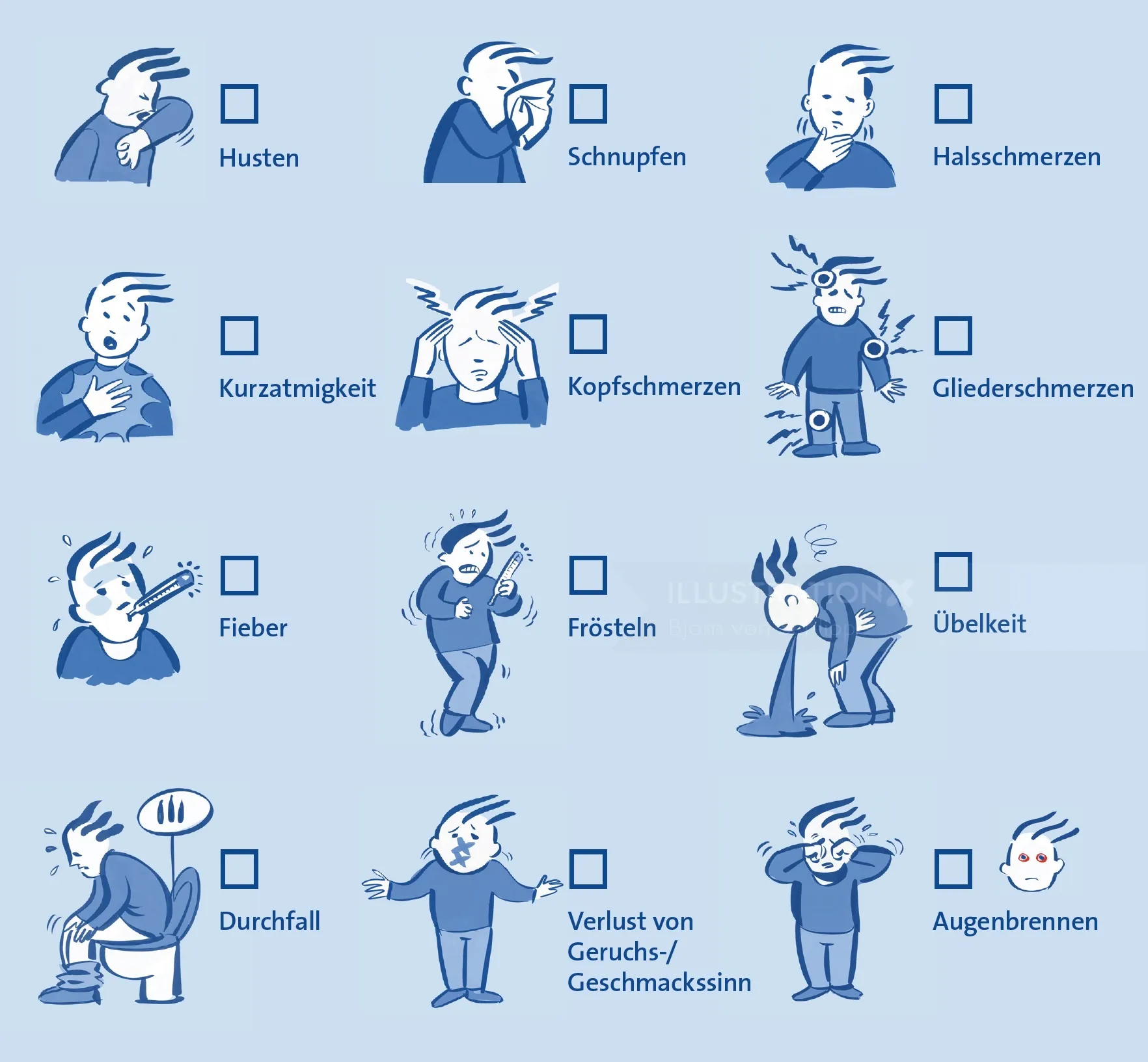 Icons depicting cold and flu symptoms by Björn von Schlippe