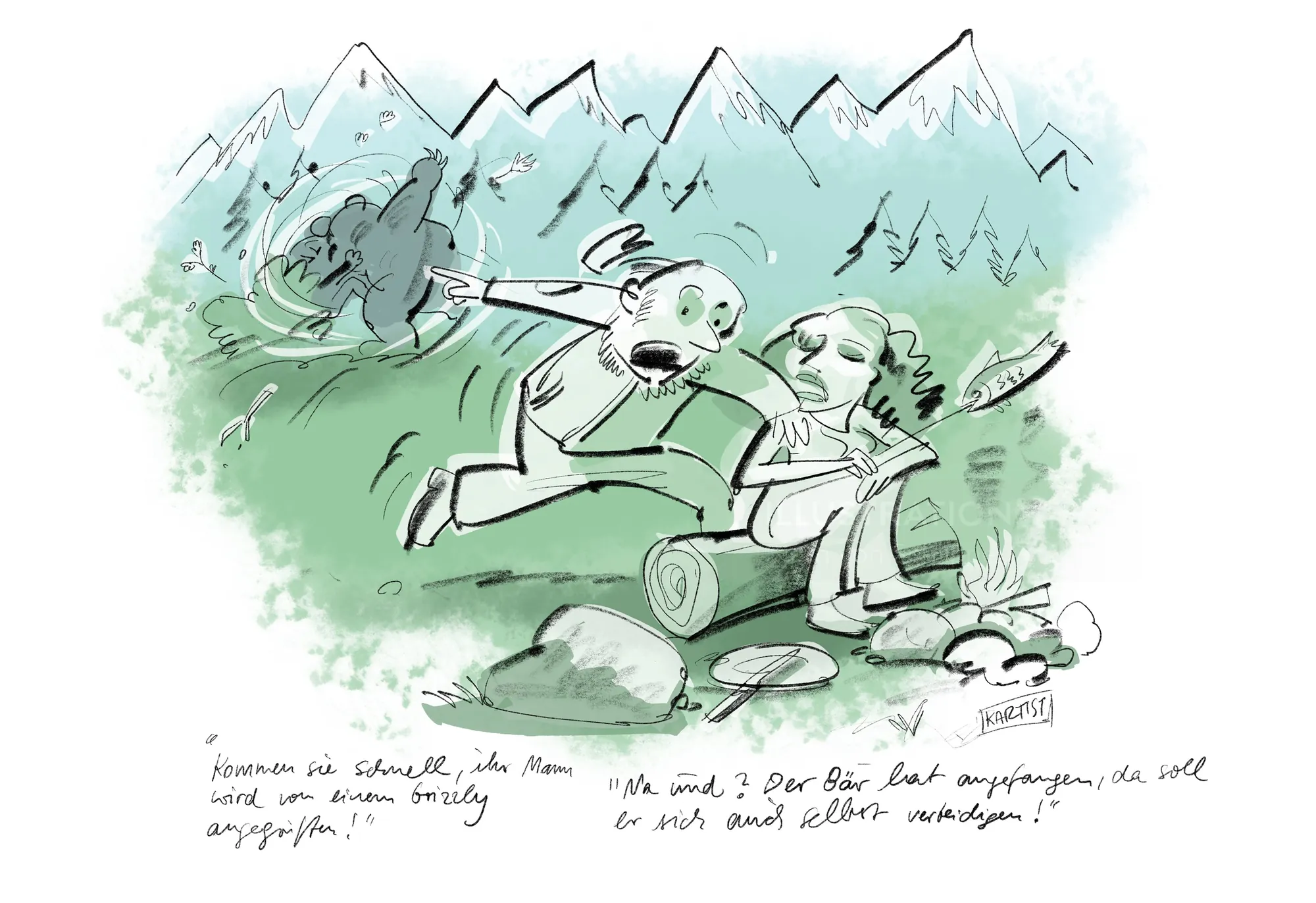 Two men arguing outdoors in a mountain landscape by Björn von Schlippe