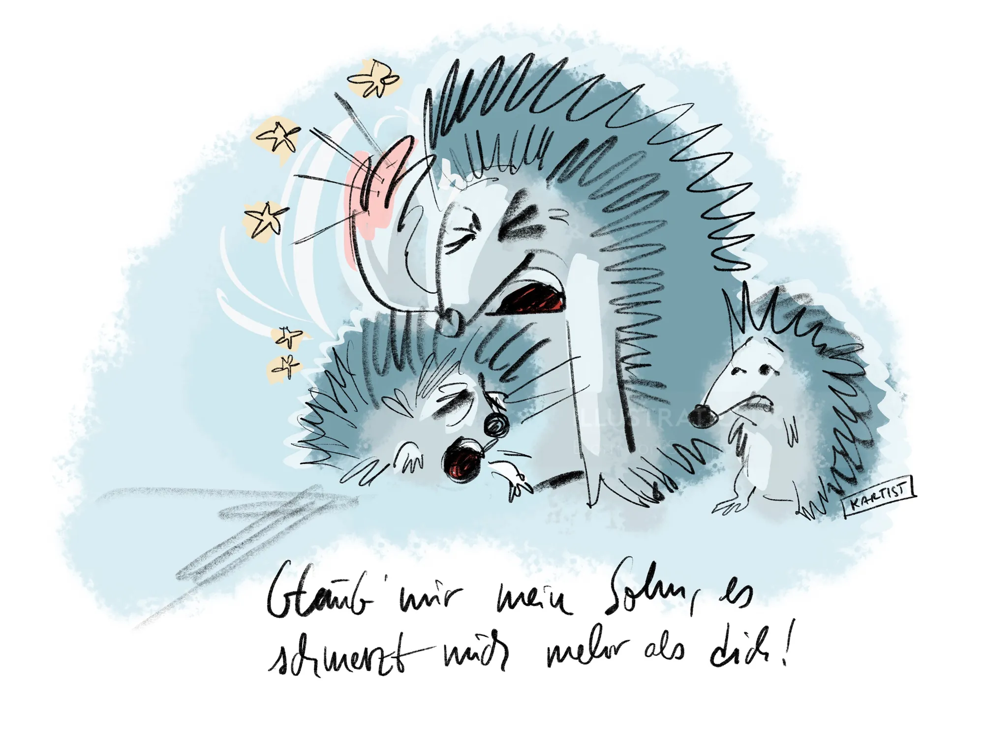 Frustrated hedgehog with two baby hedgehogs, cartoon by Björn von Schlippe